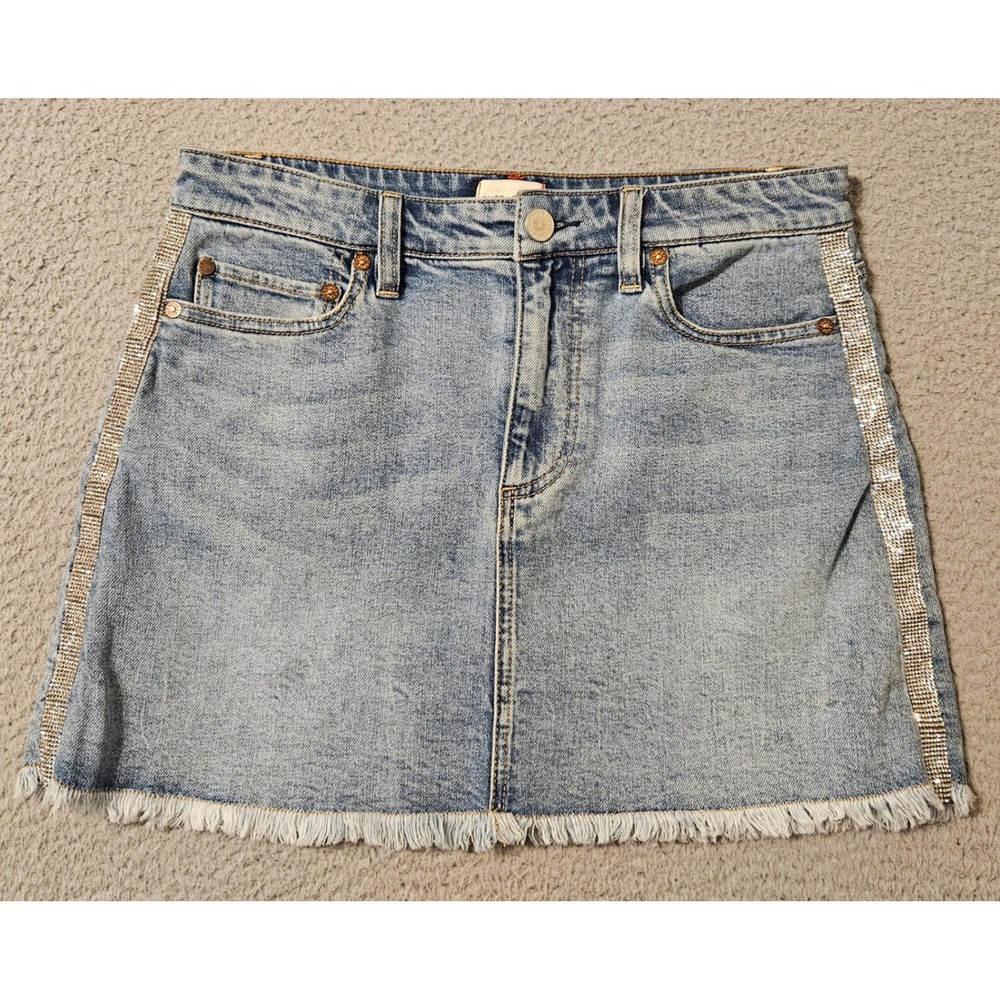 Alice + Olivia Jeans Laika Mini Crystal Miniskirt Blue Denim Women's Size 27